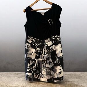 Lilly Lou Black & White Magazine Print Dress | Sleeveless Shift | Women’s XL